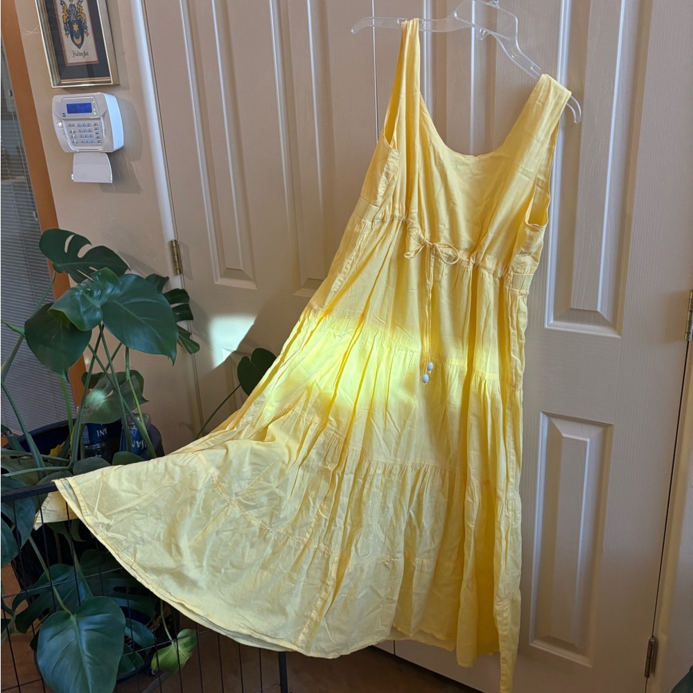 Yellow long summer dress with drawstring waist